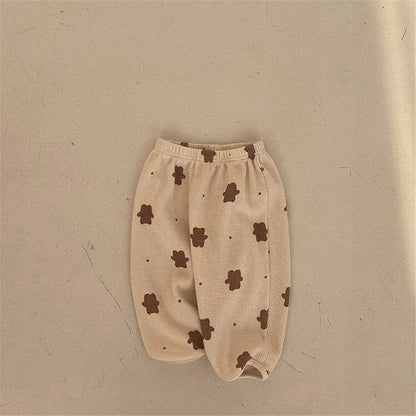 長袖セットアップ Beige / 90cm 【国内発送・送料無料】キッズセットアップ 2点セット 長袖トップス+ロングパンツ ワッフル ベアくまプリント ベージュ 90サイズ