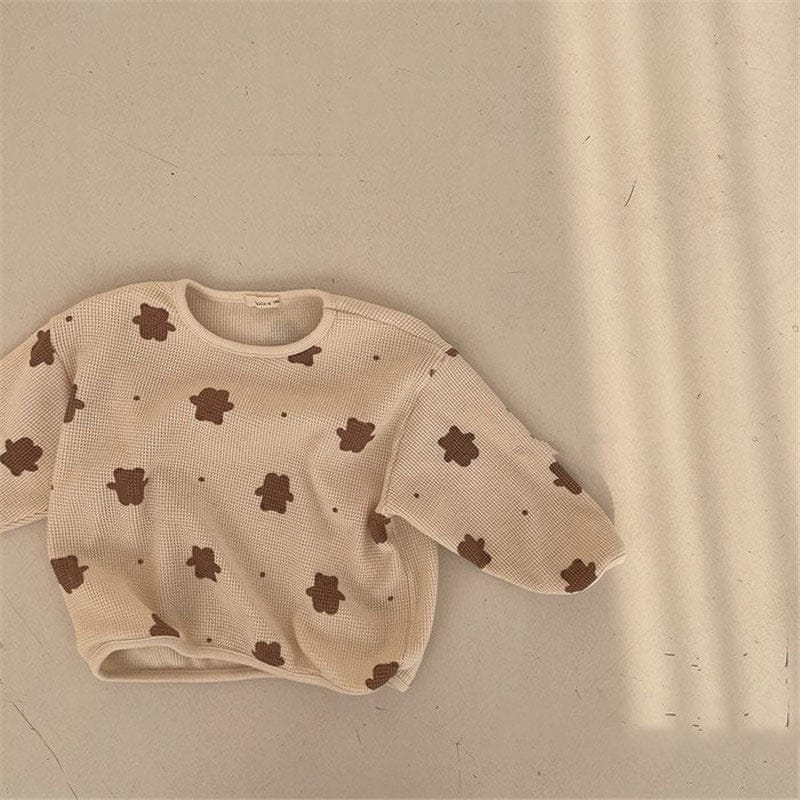 長袖セットアップ Beige / 90cm 【国内発送・送料無料】キッズセットアップ 2点セット 長袖トップス+ロングパンツ ワッフル ベアくまプリント ベージュ 90サイズ