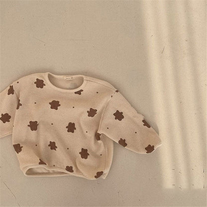 長袖セットアップ Beige / 90cm 【国内発送・送料無料】キッズセットアップ 2点セット 長袖トップス+ロングパンツ ワッフル ベアくまプリント ベージュ 90サイズ