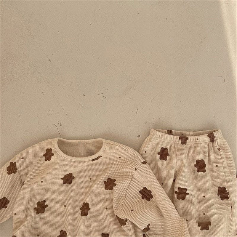 長袖セットアップ Beige / 90cm 【国内発送・送料無料】キッズセットアップ 2点セット 長袖トップス+ロングパンツ ワッフル ベアくまプリント ベージュ 90サイズ