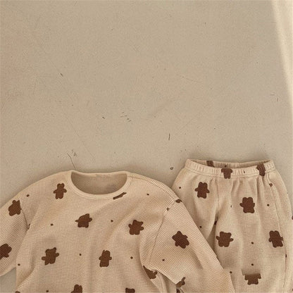 長袖セットアップ Beige / 90cm 【国内発送・送料無料】キッズセットアップ 2点セット 長袖トップス+ロングパンツ ワッフル ベアくまプリント ベージュ 90サイズ