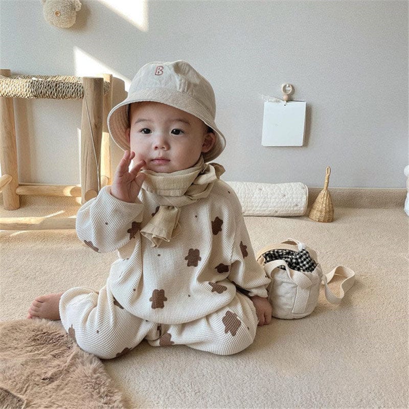 長袖セットアップ Beige / 90cm 【国内発送・送料無料】キッズセットアップ 2点セット 長袖トップス+ロングパンツ ワッフル ベアくまプリント ベージュ 90サイズ