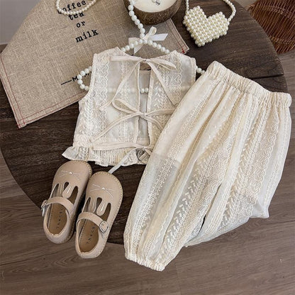 ノースリーブセットアップ Beige / 90cm キッズセットアップ 2点セット バックオープンノースリーブブラウス+ルーズロングパンツ レース刺繍【mh0005730】