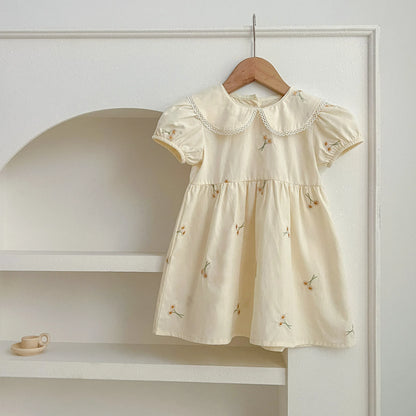 半袖ワンピース Beige / 90cm キッズワンピース 半袖パフスリーブ フラワー花柄刺繍 丸襟 2カラー【mh0005874】