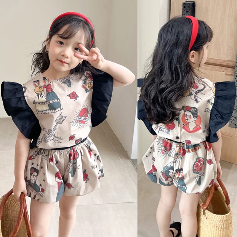 ノースリーブセットアップ Beige / 90cm キッズセットアップ 2点セット バタフライスリーブトップス+バルーンショートパンツ レトロプリント【mh0005902】