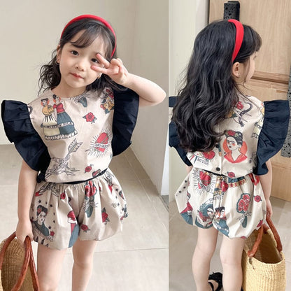 ノースリーブセットアップ Beige / 90cm キッズセットアップ 2点セット バタフライスリーブトップス+バルーンショートパンツ レトロプリント【mh0005902】