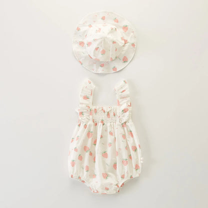 ノースリーブロンパース Beige / 90cm ベビーロンパース 帽子セット ノースリーブボディスーツ チューリップハット フラワー花柄プリント 2カラー【mh0005934】