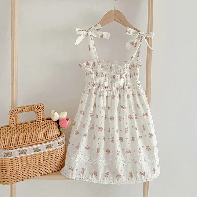 ノースリーブワンピース Beige / 90cm キッズワンピース キャミソール シャーリング サマードレス フラワー花柄プリント 2カラー【mh0006050】