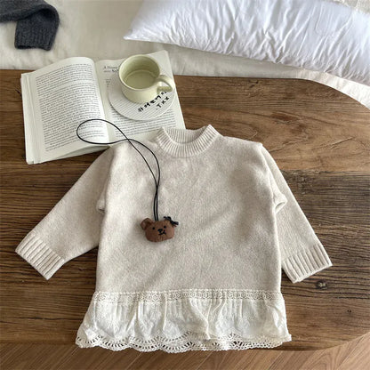 ニット・セーター Beige / 90cm 24M キッズトップス ペプラムレースドッキングハイネック長袖ニットセーター【mh0008447】