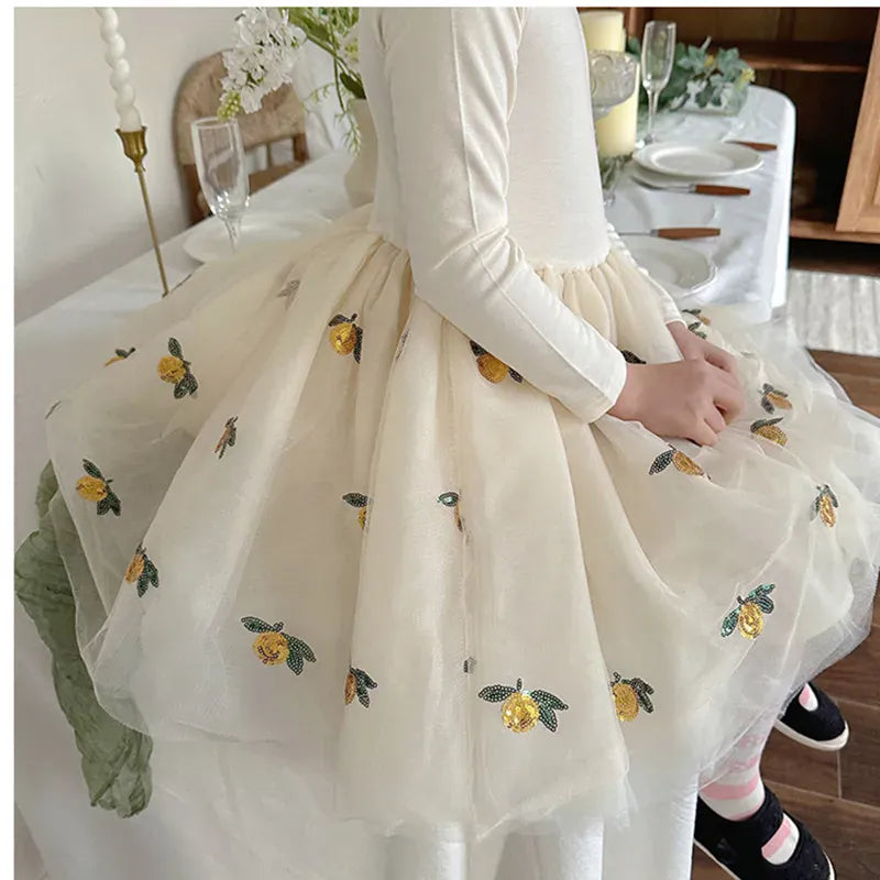 長袖ワンピース Beige / 90cm キッズワンピース バレリーナドレス チュチュチュールスカート 長袖ワンピース チェリーさくらんぼ フラワー花柄 ねこ猫キャット 刺繍 3カラー