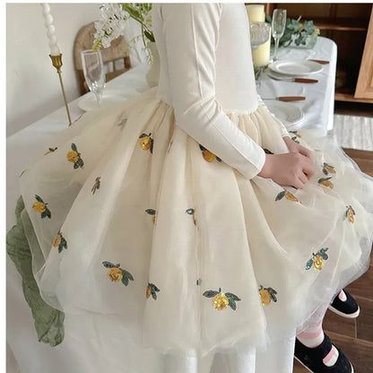 長袖ワンピース Beige / 90cm キッズワンピース バレリーナドレス チュチュチュールスカート 長袖ワンピース チェリーさくらんぼ フラワー花柄 ねこ猫キャット 刺繍 3カラー