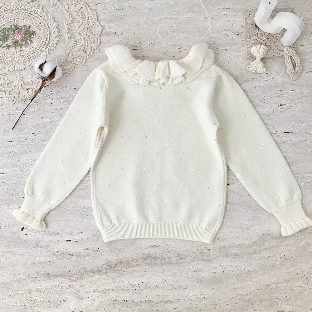 ニット・セーター Beige / 90cm キッズ 長袖カットソー ニット ダブルフリルカラー セーター トップス 4カラー ガールズ 女の子 子供服