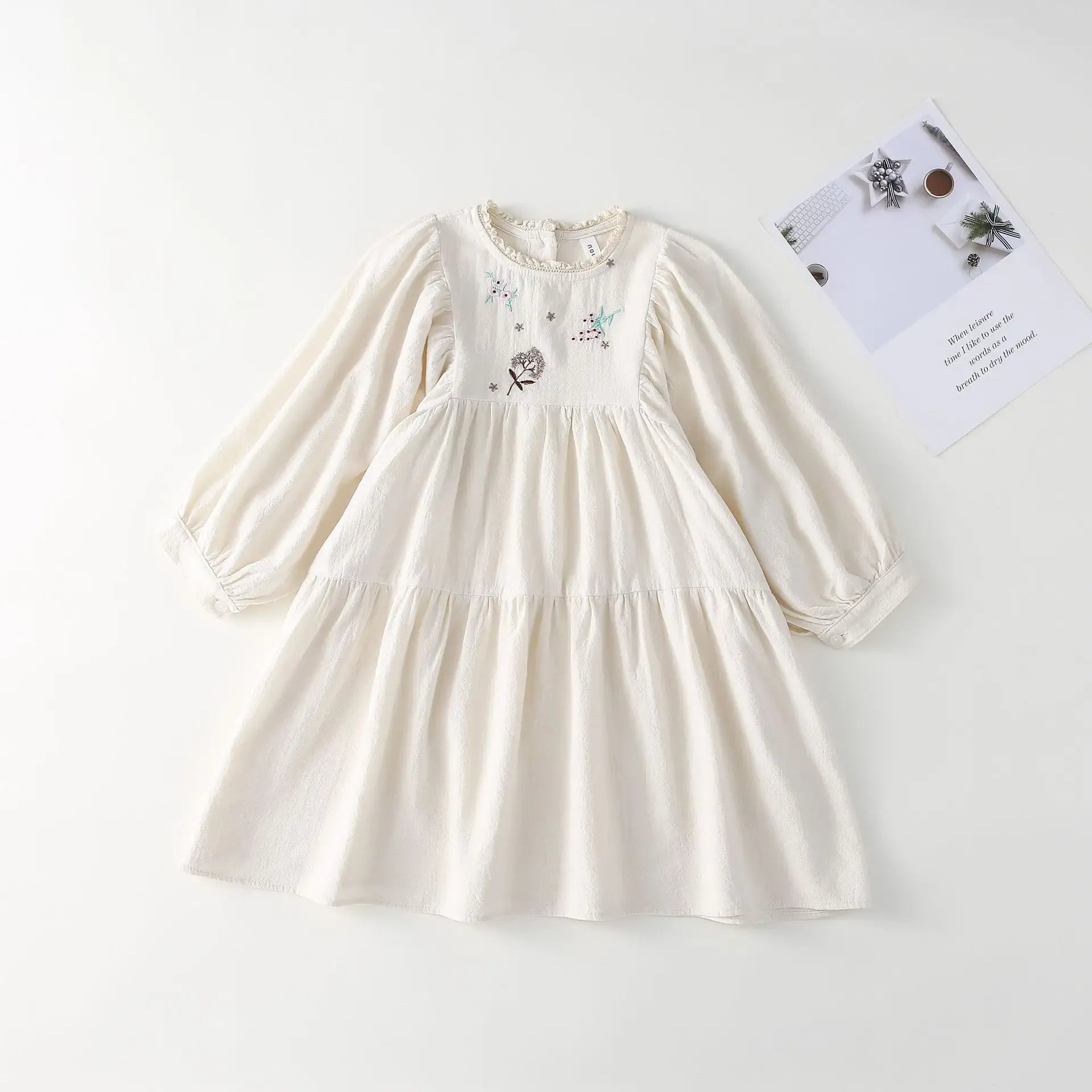 長袖ワンピース beige / 90cm キッズワンピース 長袖Aラインワンピース お出かけワンピ フラワー花柄刺繍 ベージュ