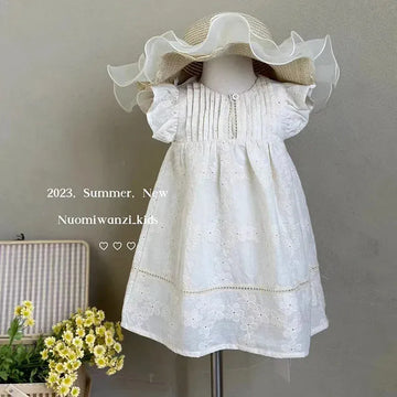 半袖ワンピース Beige / 90cm キッズワンピース 半袖フリルレースワンピース ピンタック お出かけ ベージュ【mh0006245】
