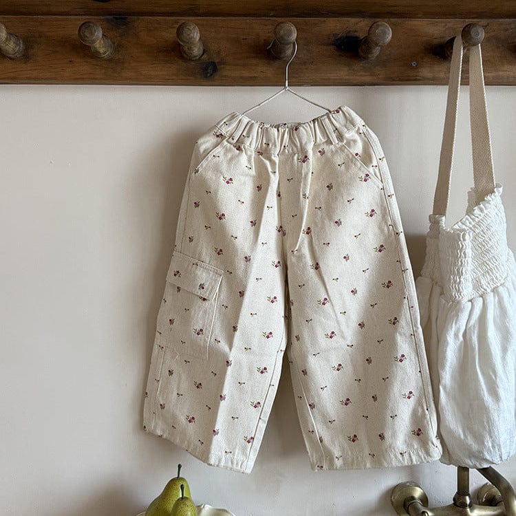 ロングパンツ・スウェットパンツ Beige / 90cm 小花柄ワイドパンツ サイドポケット付き ルーズフィットロングパンツ【mh0011054】