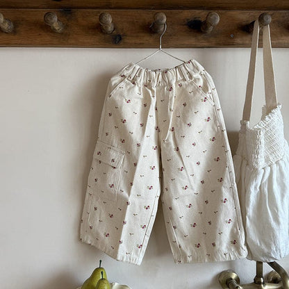 ロングパンツ・スウェットパンツ Beige / 90cm 小花柄ワイドパンツ サイドポケット付き ルーズフィットロングパンツ【mh0011054】