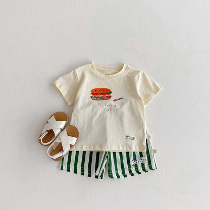 半袖セットアップ Beige / 90cm ハンバーガープリント半袖Tシャツ+ストライプショートパンツセットアップ 2点セット【mh0010322】