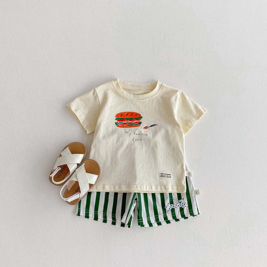 半袖セットアップ Beige / 90cm ハンバーガープリント半袖Tシャツ+ストライプショートパンツセットアップ 2点セット【mh0010322】