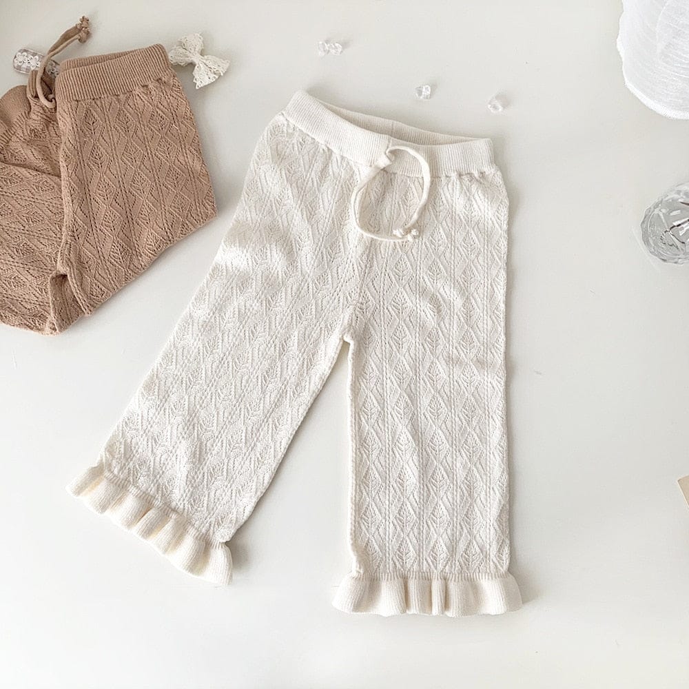 ロングパンツ・スウェットパンツ beige / 9M/73cm ベビー キッズ サマー レースニット 透け感 ラッフルフリル ルーズ ワイド パンツ ベージュ キャメルブラウン ガールズ