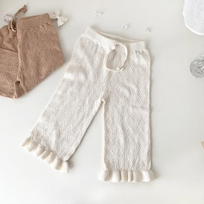 ロングパンツ・スウェットパンツ beige / 9M/73cm ベビー キッズ サマー レースニット 透け感 ラッフルフリル ルーズ ワイド パンツ ベージュ キャメルブラウン ガールズ