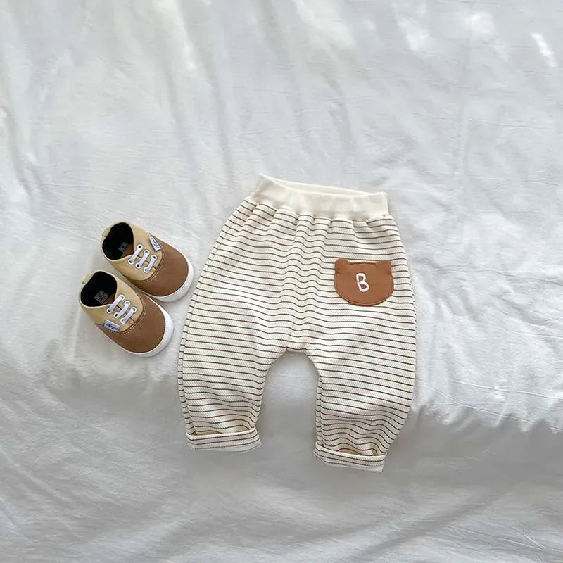 レギンスパンツ beige / 9M  73cm ベビーパンツ ボーダー柄レギンスパンツ ベアくまポケット 3カラー