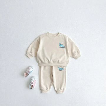 長袖セットアップ beige apricot / 12M  80cm キッズセットアップ 2点セット スウェットシャツ+スウェットパンツ 恐竜ダイナソーワンポイント 3カラー