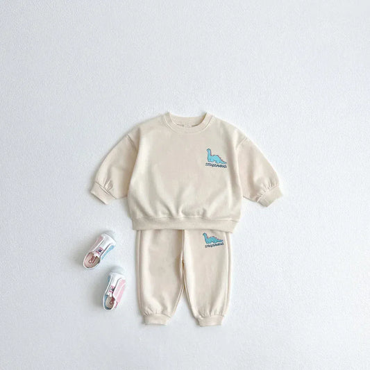 長袖セットアップ beige apricot / 12M  80cm キッズセットアップ 2点セット スウェットシャツ+スウェットパンツ 恐竜ダイナソーワンポイント 3カラー