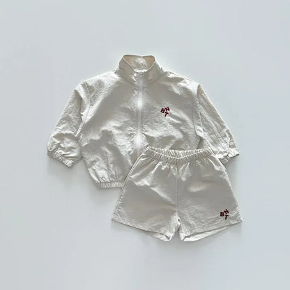 長袖セットアップ beige apricot set / 12M  80cm キッズセットアップ 2点セット ジッパージャケット+ショートパンツ ウィンドブレーカー 日除け ワンポイント刺繍 2カラー