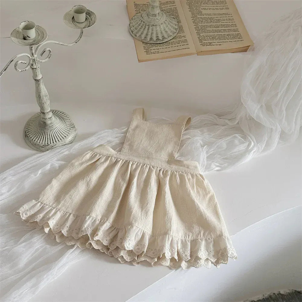 長袖ロンパース beige apron / 6M  66CM ベビーロンパース レース襟フラワープリントエレガントボディスーツ/フリル重ね着エプロン【mh0006697】