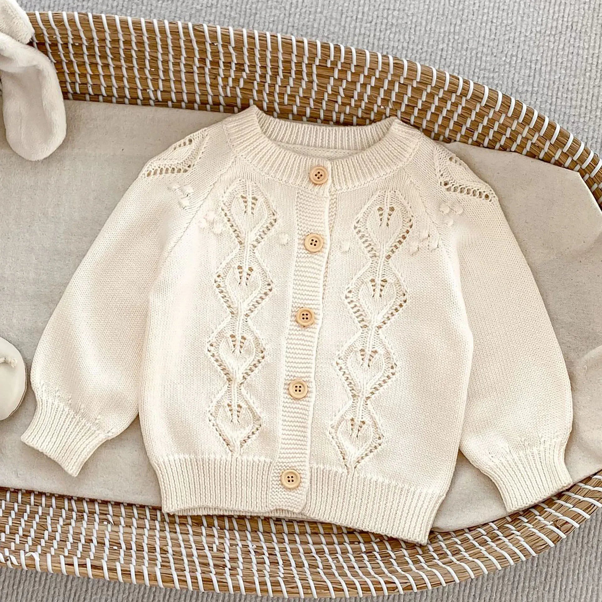 ロンパースセットアップ beige coat / 3-6M 66cm ベビーカーディガン/ロンパース ニットジャケット/ニットサスペンダーボディスーツ 2カラー【mh0006458】