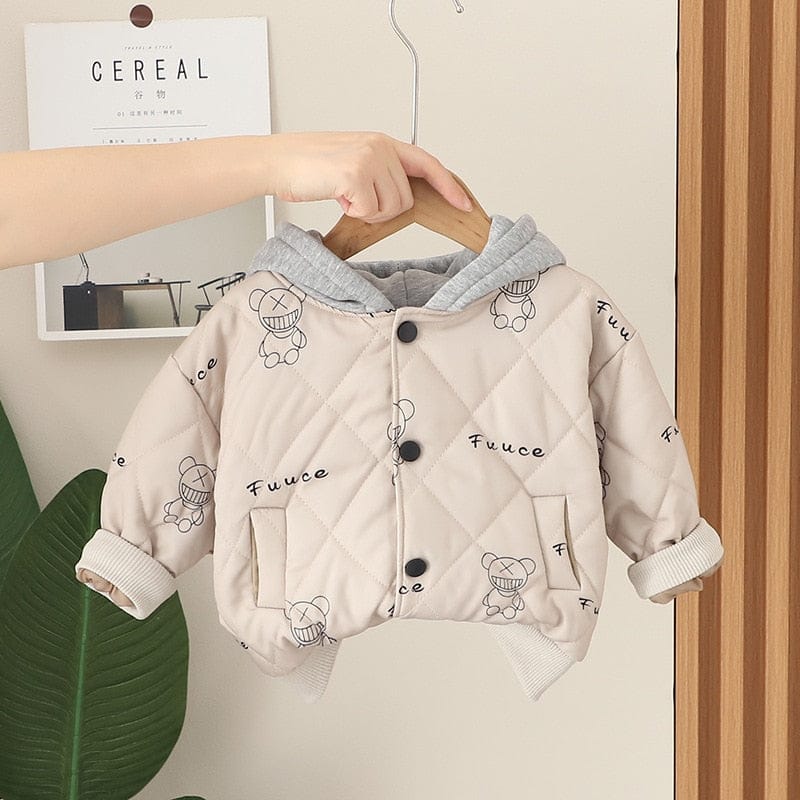 長袖セットアップ beige coat / 80cm キッズ服 3点セット キルティング フーディジャケット ハイネックTシャツ 裏フリース ロングパンツ セットアップ 長袖 プリントロゴ 2色 男の子