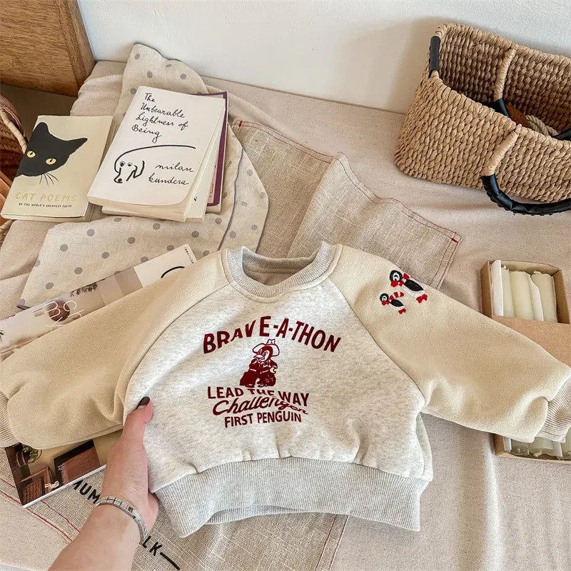 トレーナー・フーディ beige coffee / 12M  80cm キッズスウェットシャツ ペンギンプリント刺繍 パッチワークトレーナー 2カラー ボーイズ 男の子 子供服