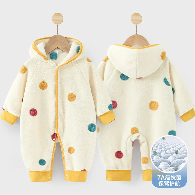 アウタージャンプスーツ beige Dots / 0-6M 66cm ベビーアウタージャンプスーツ フリースプリントフーディ長袖ロンパース【mh0007883】