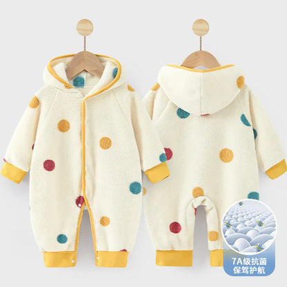 アウタージャンプスーツ beige Dots / 0-6M 66cm ベビーアウタージャンプスーツ フリースプリントフーディ長袖ロンパース【mh0007883】