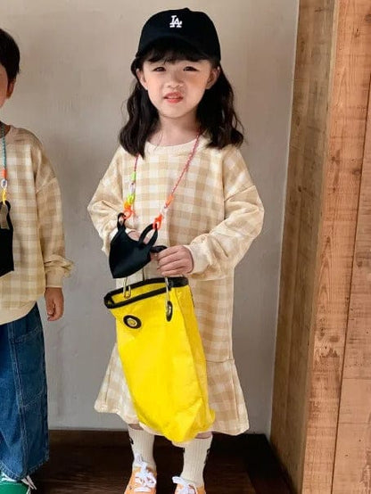 長袖ワンピース Beige Dress / 12M 80cm キッズトップス ワンピース チェック 長袖Tシャツ 長袖フレアワンピース リンクコーデ 兄弟姉妹 お揃いコーデ ピンク/ベージュ/2カラー【mh0000062】