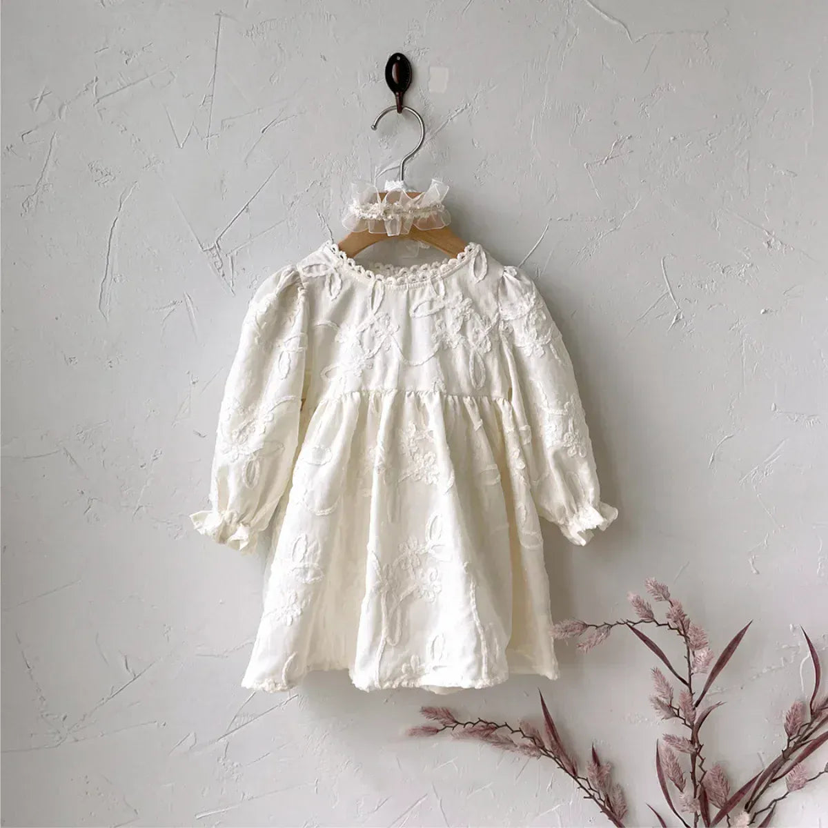 長袖ロンパース beige dress / 66cm ベビー長袖ロンパース ワンピース フラワー 花柄刺繍 レース 2カラー リンクコーデ 姉妹お揃いコーデ ガールズ 女の子 子供服