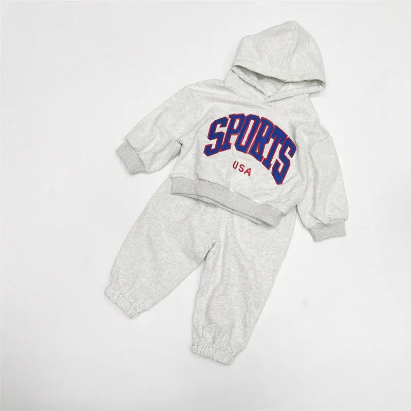 長袖セットアップ Beige Gray / 12M  80CM キッズセットアップ 2点セット レターレゴ刺繍フーディ長袖スウェットパーカー+ロングスウェットパンツ【mh0008561】