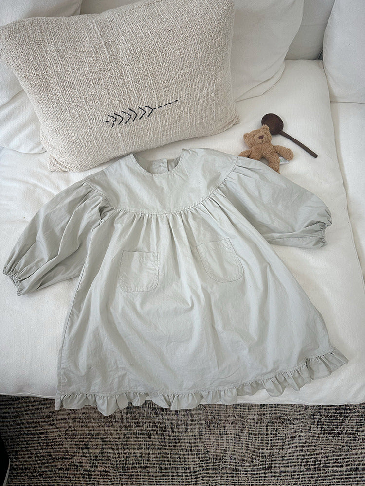 長袖ワンピース Beige Gray / 90cm Lace Puff Sleeve Ruffle Dress レース パフスリーブ 裾フリル ワンピース【mh0012239】