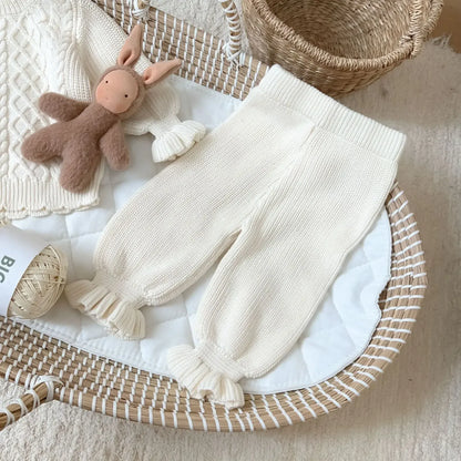 長袖セットアップ beige pant / 73cm 6-9M ベビーキッズトップス/パンツ アラン編みケーブルニットセーター/裾フリルニットロングパンツ 2カラー【mh0007151】