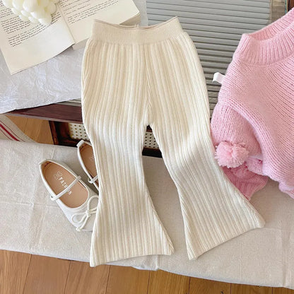 長袖セットアップ beige pant / 90cm 1-2y キッズトップス/パンツ ぽんぽんルーズニットセーター/ニットフレアパンツ【mh0007219】