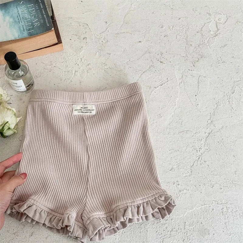 ハーフパンツ・ショートパンツ beige pink / 12M  80cm キッズパンツ ガールズ無地リブショートパンツ 幼児用フリルレース付きスキニーパンツ