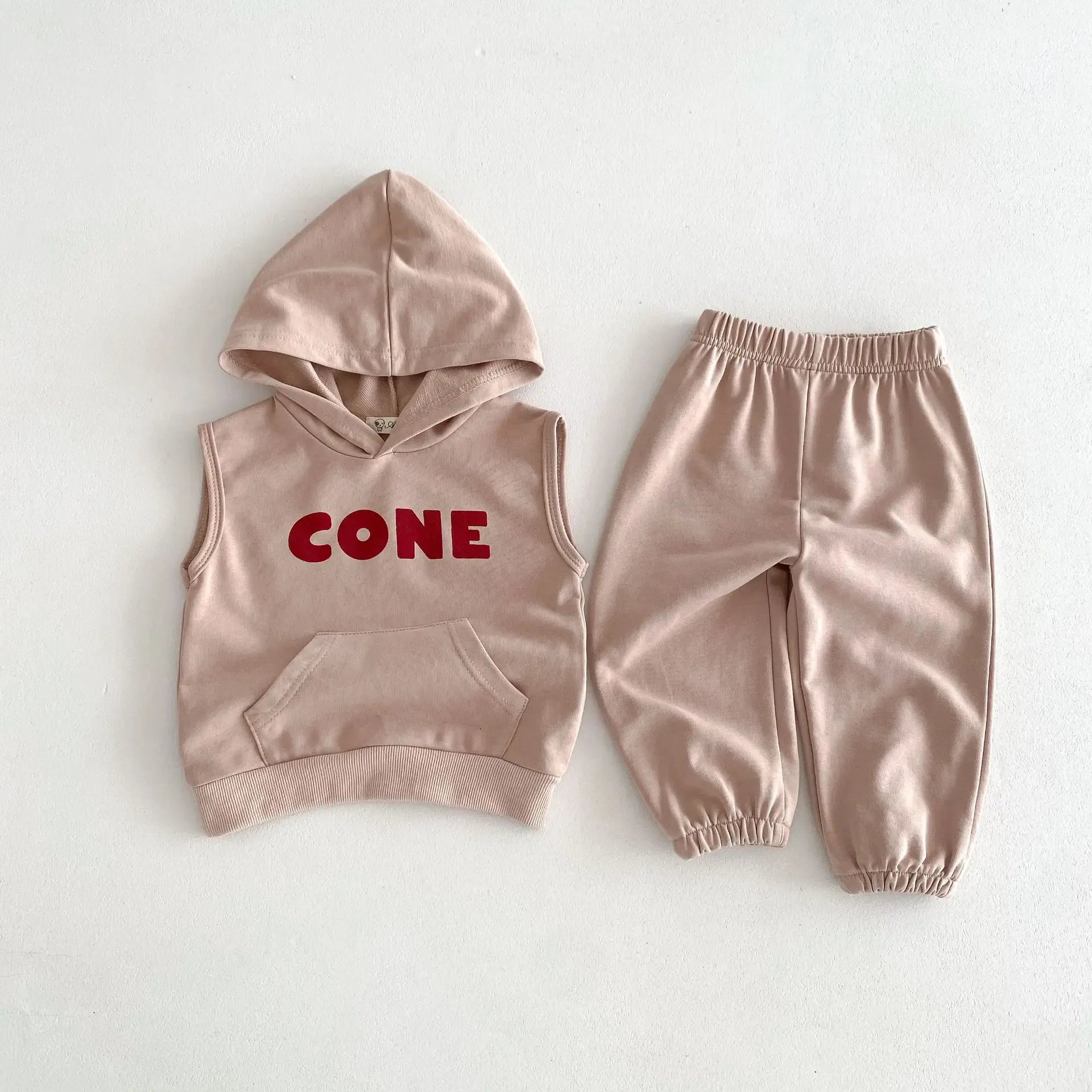 ノースリーブセットアップ beige pink / 12M  80cm キッズセットアップ 2点セット ノースリーブフード付きベスト + パンツ