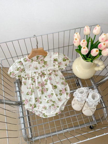 半袖セットアップ beige romper / 66cm 0-6m ベビーロンパース/セットアップ 2点セット 半袖ボディスーツ/半袖ブラウス+ブルマパンツ フラワー花柄プリント 2カラー【mh0004870】