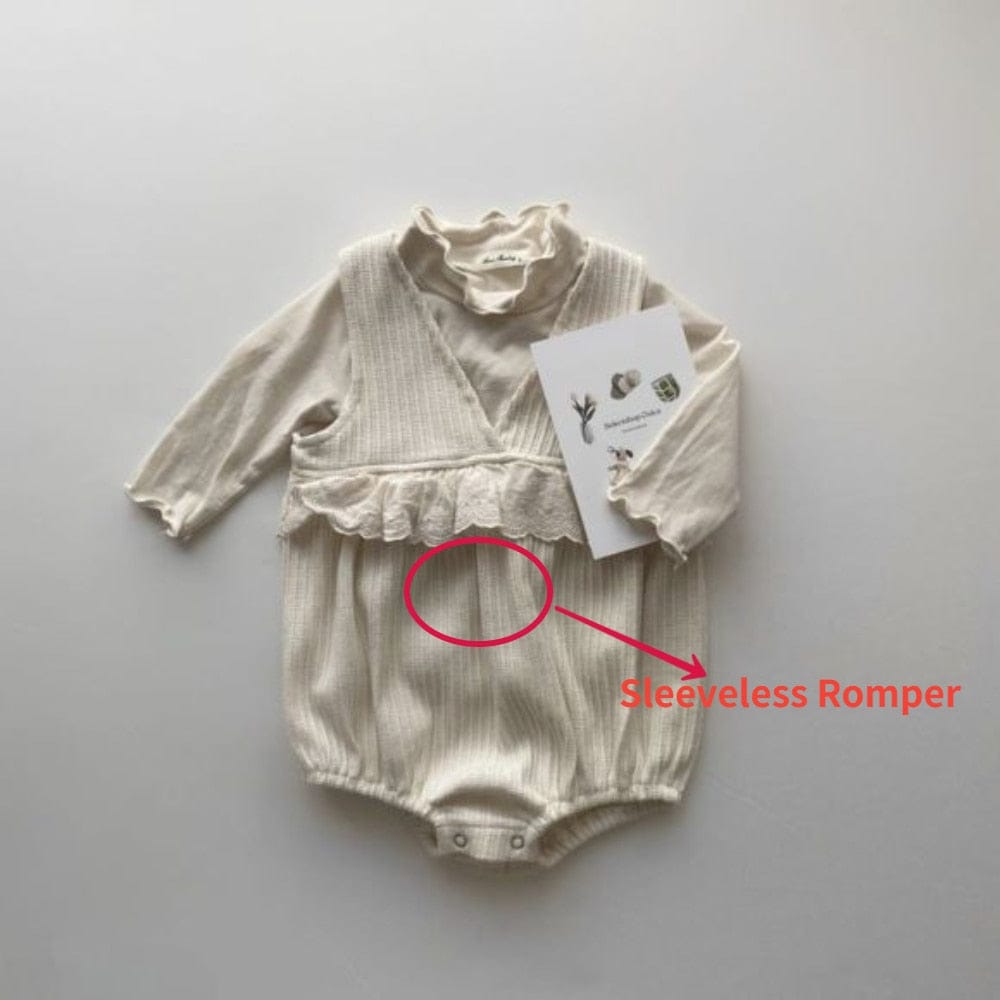 ノースリーブロンパース beige romper / 66cm ベビー ノースリーブロンパース Vネック レース フリル ドッキング ベージュ ガールズ 女の子 子供服 6944