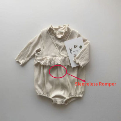 ノースリーブロンパース beige romper / 66cm ベビー ノースリーブロンパース Vネック レース フリル ドッキング ベージュ ガールズ 女の子 子供服 6944