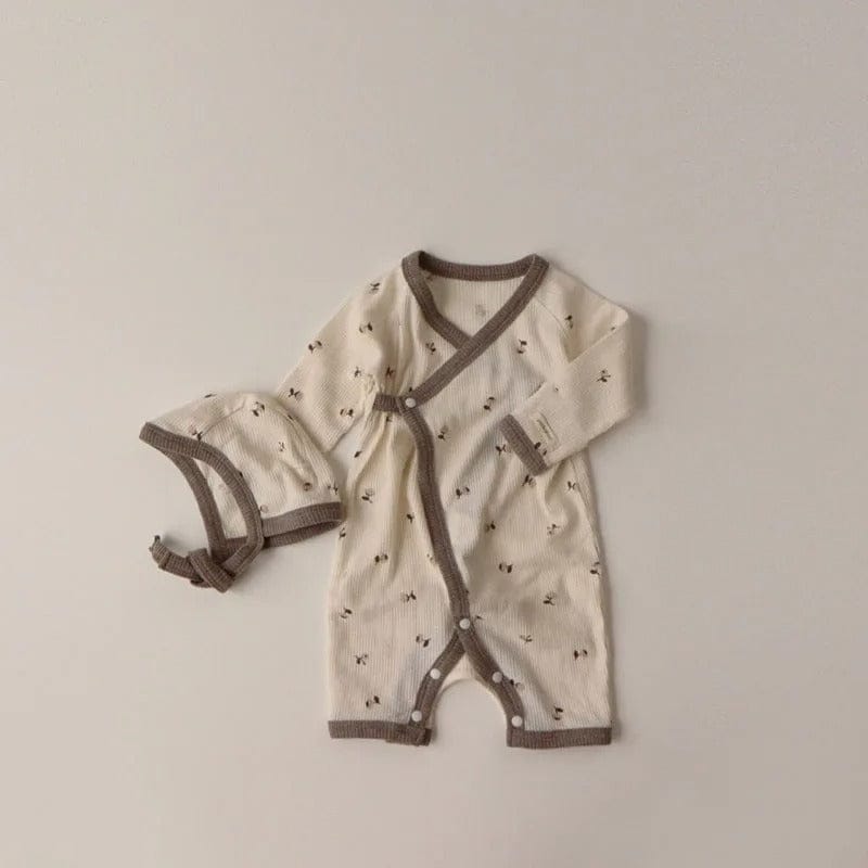 ロンパースセットアップ Beige Romper / 6M 66cm ベビー フラワー セットアップ ロンパース トップス パンツ 帽子 ヘアバンド【mh0000403】