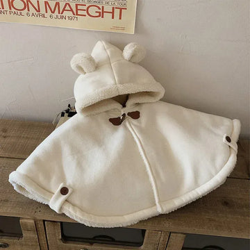 ショートコート・ジャケット・ジャンパー Beige / S (90-100CM) ベビーアウター 耳付きフーディポンチョコート 裏ボアフリースマント ジャケット【mh0003518】