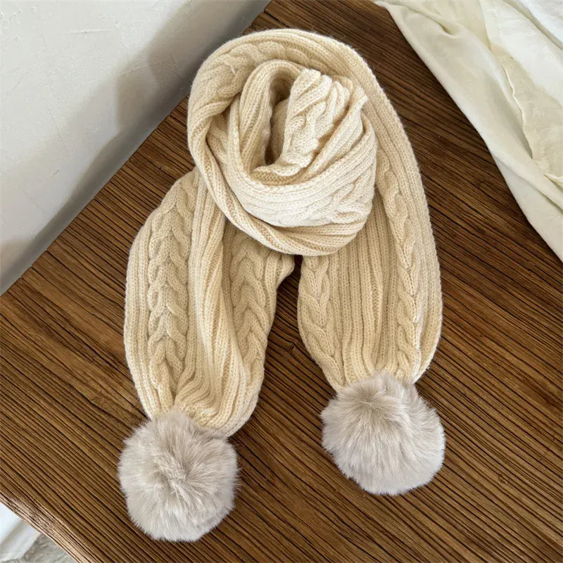 ベビー用帽子 Beige scarf / One Size キッズ帽子/マフラー ポンポン付きニットキャップ/ポンポン付きネックウォーマーマフラー【mh0008192】