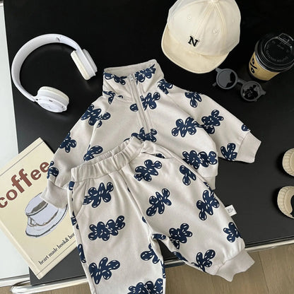 長袖セットアップ beige set / 6M  66CM ベビーセットアップ 2点セット/ジャンプスーツ クラウド雲プリントハーフジップスウェットシャツ+スウェットパンツ/長袖ロンパース【mh0008620】