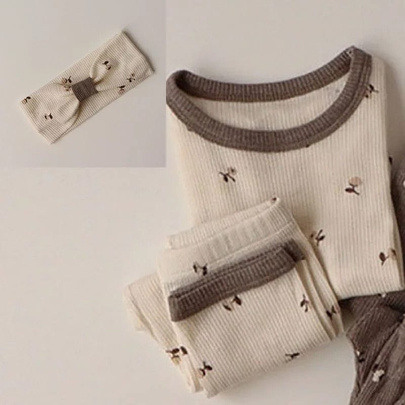 ロンパースセットアップ Beige Set / 6M 66cm ベビー フラワー セットアップ ロンパース トップス パンツ 帽子 ヘアバンド【mh0000403】